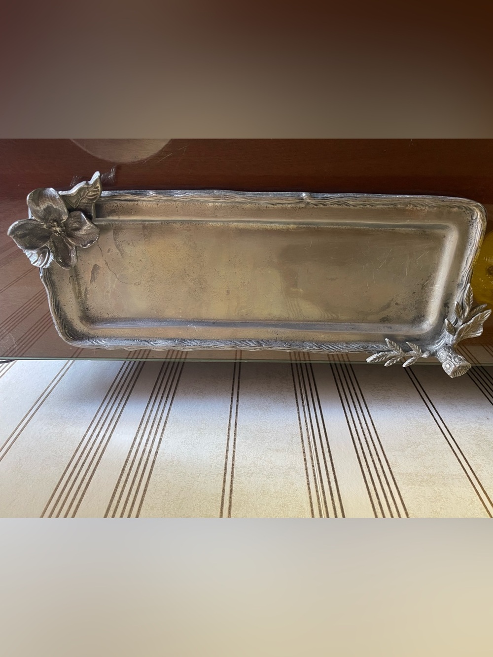 Antique-Style Decorative Tray in metal grey finish.